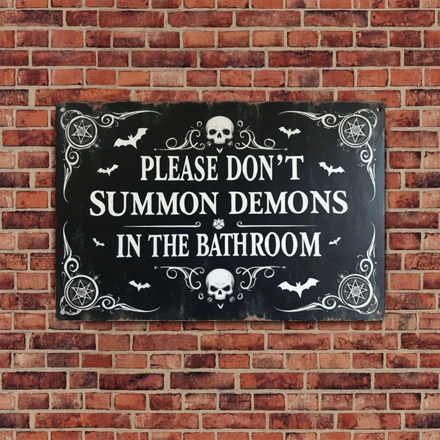 2d flat prints vampire vintage art gothic halloween skull bat pattern humorous Dont call the devil in the bathroom message farmhouse home outdoor