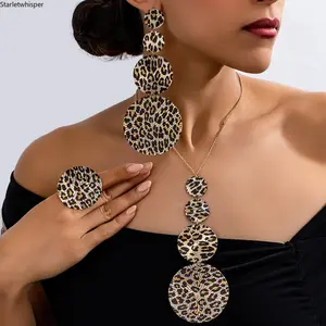 Trendy Geometric Leopard Print Disc Jewelry Set for Women, Includes Necklace, Stud Earrings & Ring, Bold Statement Sexy Design, Fashion Versatile Accessory Perfect for Parties, Night Out & Daily Wear