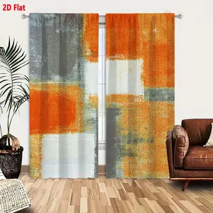 2D Flat Modern Geometric Abstract Curtain 2-Piece Set, Orange Gray White Mosaic Block Design, Textured Brushstroke Print, Grid Mosaic Effect, Warm Cool Color Contrast, Artistic Decorative Window Drapes