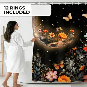 Boho Moon Floral Butterfly Shower Curtain, Starry Night Botanical Bathroom Curtain, 180x180cm Water Resistant Polyester Bath Curtain for Home Decor