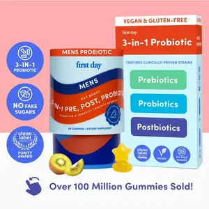 First Day Men’s Gut Guardian Tribiotic Gummies - 3-in-1 Prebiotic Probiotic Postbiotic Supplement - Supports Digestive Oral Health Immune Function Energy Levels - 30-Day Supply - Healthcare