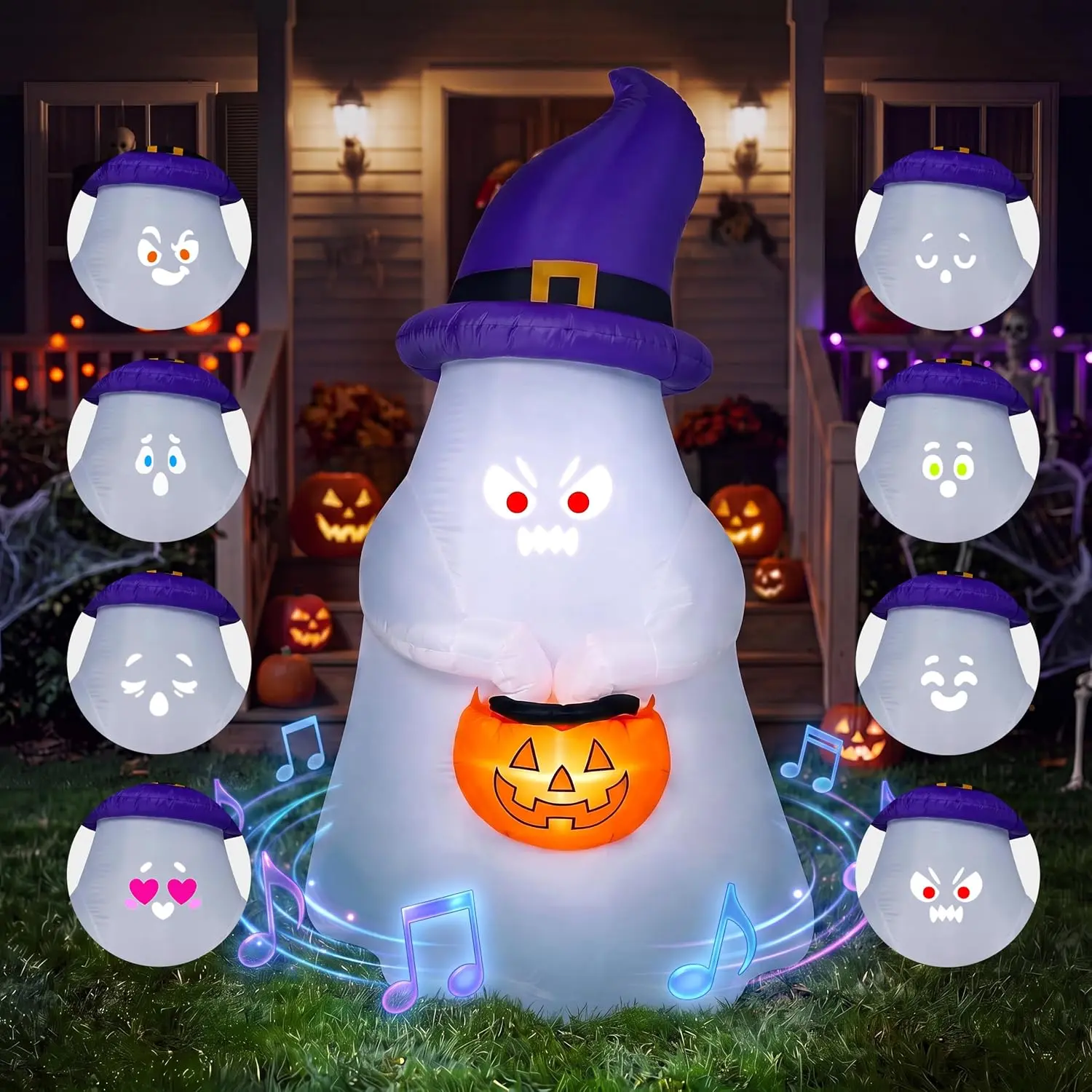 Joiedomi 5FT Halloween Inflatable Witch Ghost Decor with Projector Face and Music, Halloween Blow Up Yard Decoration with 8 Expressions Projection and Music Box for Party Outdoor Garden Lawn Decor