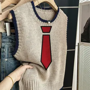 One piece + Women's spring/summer casual-retro loose-fit round-neck sleeveless knit top. Deep blue contrast trim + red-scarf patchwork print. Perfect for school vibes - layer with a vest or wear it solo! Color Block Vest