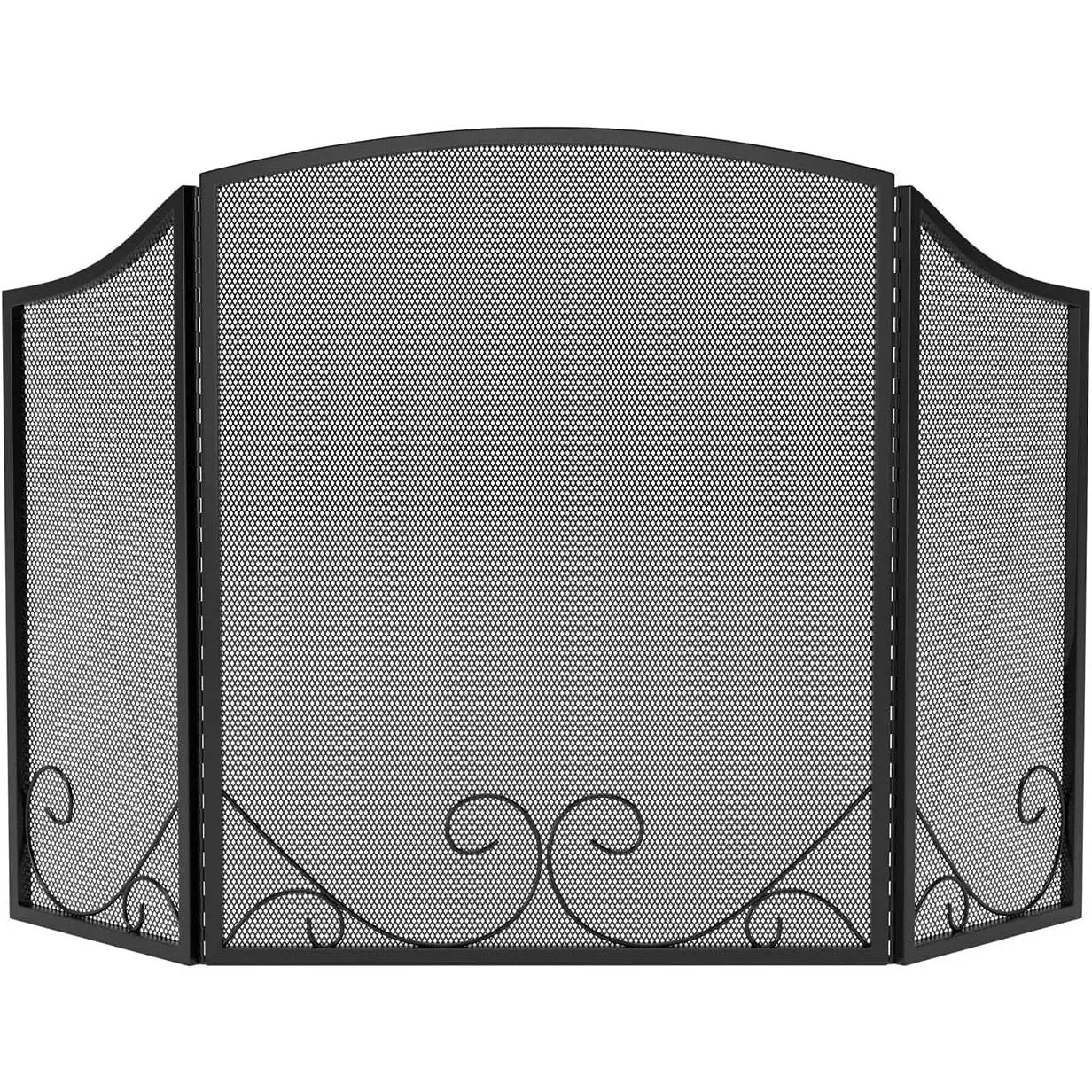 3-Panel Black Wrought Iron Modern Minimalist Design Fireplace Screen,48"(L) x 29"(H) Spark Guard with Scrolling Design,Decorative Hearth Screen