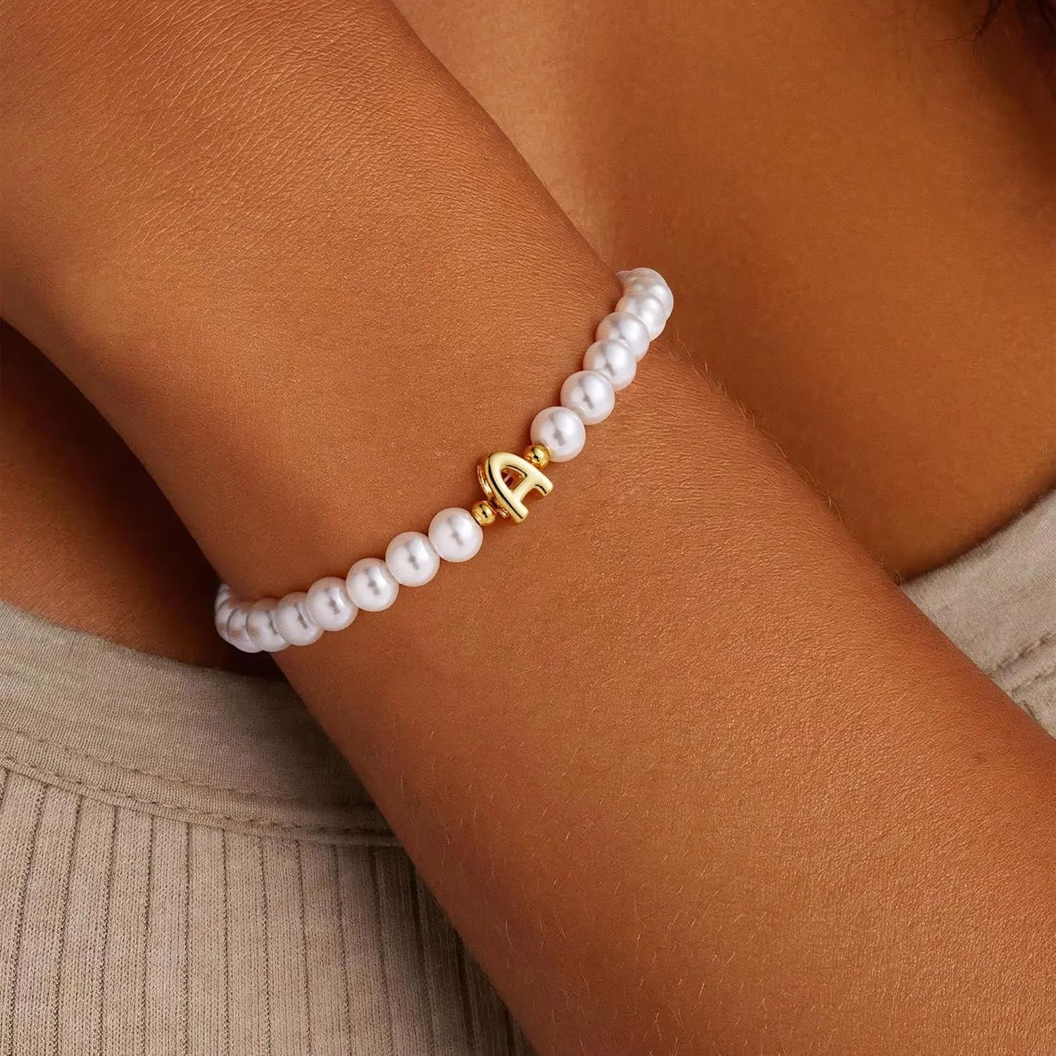Pearl Initial Charm Bracelet for Women, Dainty Adjustable Jewelry with Letter Motif, Nickel-free Personalized A-Z Gift, Nickel-Free Pearls, Female Wear, Party Ready, Adjustable Length, One-Piece