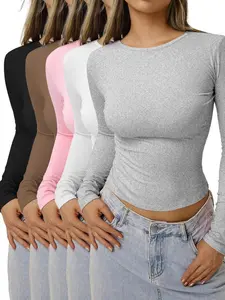 Women's Solid Ruched Long Sleeve Crop Lounge  Tee, Casual Comfy Round Neck T-shirt for Daily Wear, Ladies Sleepwear for Spring & Fall Top Womenswear