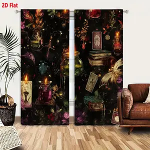 2D Flat Dark Fantasy Enchanted Witchy Curtain Set 2 Pieces, Glowing Candles Potions Books Tarot Cards Fairies Floral Design Black Background Decorative Curtains for Bedroom Living Room, Mystical Magical Witchcraft Theme Home Decoration