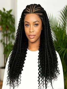 13x6 Lace Front Braided Wig, 22 Inch Boho Box Braids, Deep Wave Curly Ends, Invisible Lace, Breathable Cap, Natural Look for Daily & Party Use