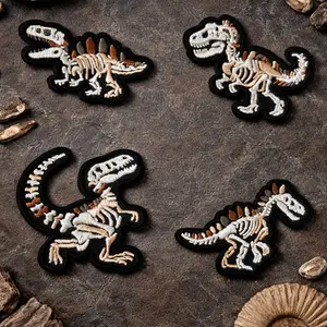 Dinosaur Skeleton Fabric Patches Set of 4, Iron-On DIY Cool Street Style Stickers, Perfect for Backpacks, Jackets, Hats