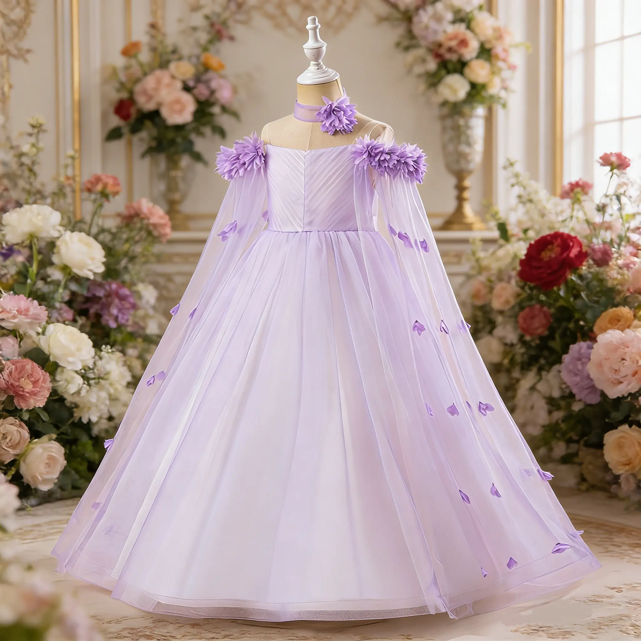 Girls' 512 Floral Print Dress - Long Mesh, Maxi Length, Elegant Formal Design, Suitable for School Performances, Party Look, Mesh Fabric