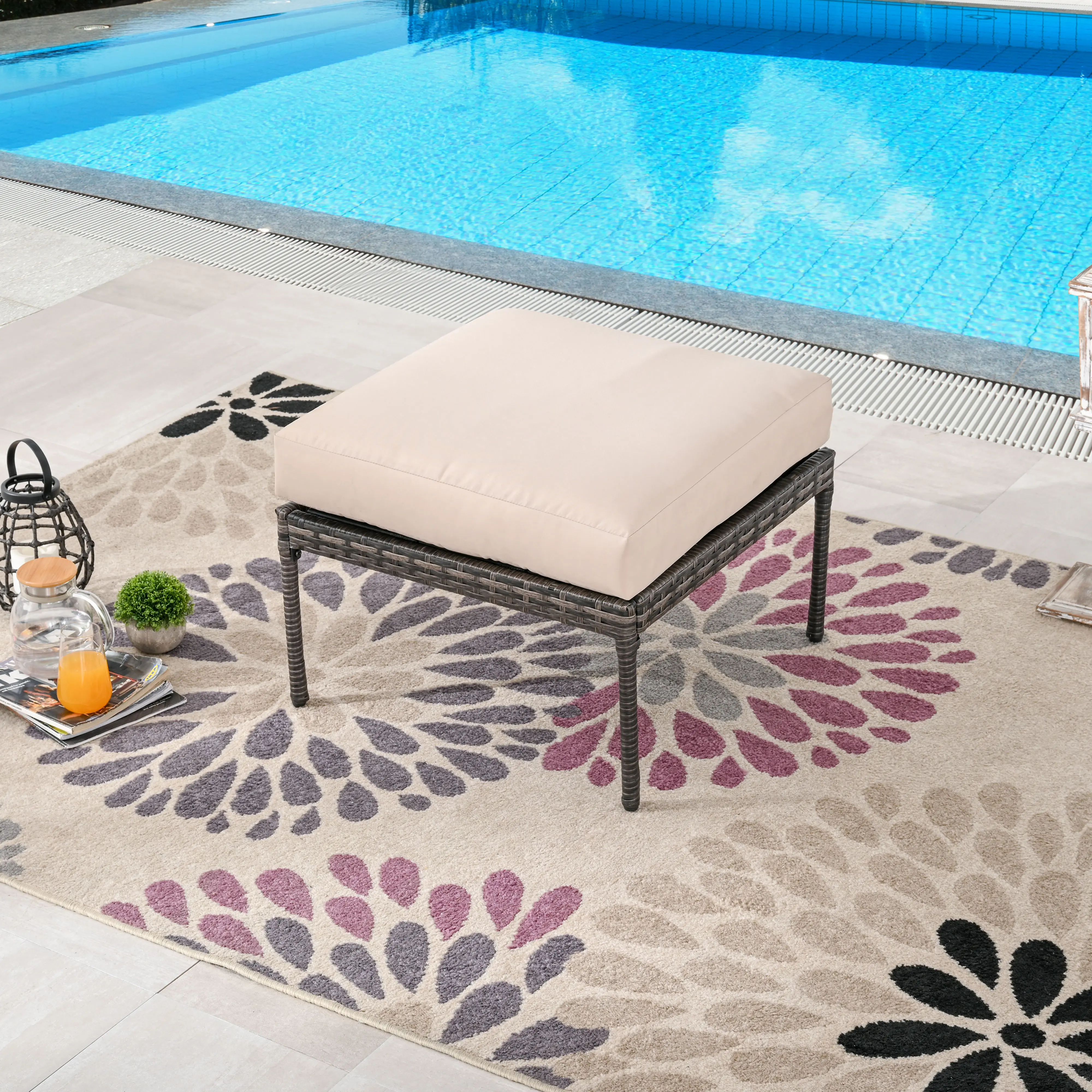Top Space All-Weather PE Wicker Rattan Sectional Wicker Outdoor Ottoman with Beige Cushion