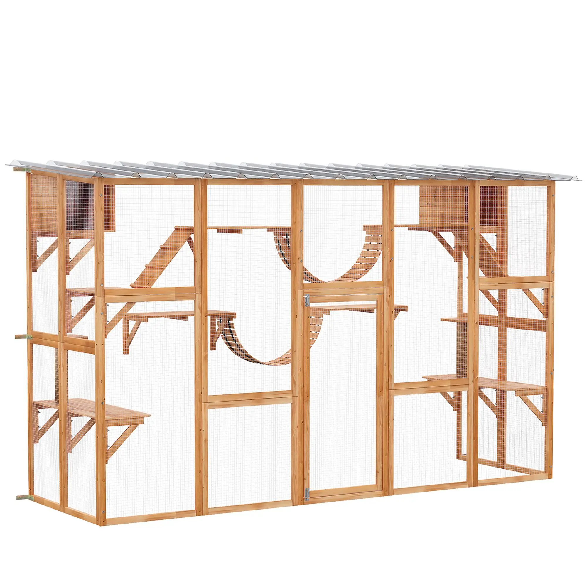 PawHut Catio Playground Cat Window Box Outside Enclosure, Outdoor Cat House with Weather Protection Roof for Multiple Kitties, Wooden Frame, Shelves & Bridges, 118" x 37.5" x 74", Orange