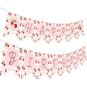 1Set Cherry Birthday Decorations Sweet Cherry Daisy Banner for Girls Women Fruit Theme 1anniversary 2anniversary 3anniversary Birthday Party Supplies