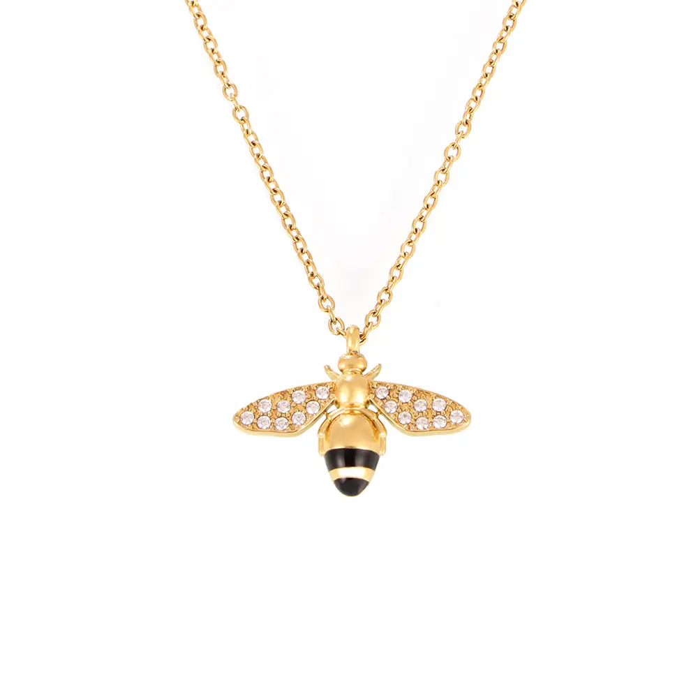 Gold Bee Pendant Necklace for Women Stainless Steel Cubic Zirconia Fashion Jewelry Gift