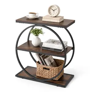 【Summervibes】VEVOR End Table, 3-Tier Narrow Side Table with Open Storage Shelves, Modern Nightstand Bedside Desk with Round Metal Frame, Wood Sofa Coffee Desk for Living Room, Bedroom, Office, Rustic Brown