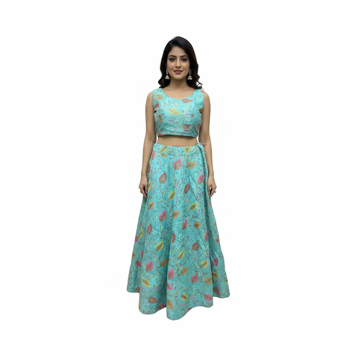 #K46 Turquoise Floral Embroidered Lehenga Set | Sleeveless Crop Top( Unstitched Sleeve attached )& Flared Skirt