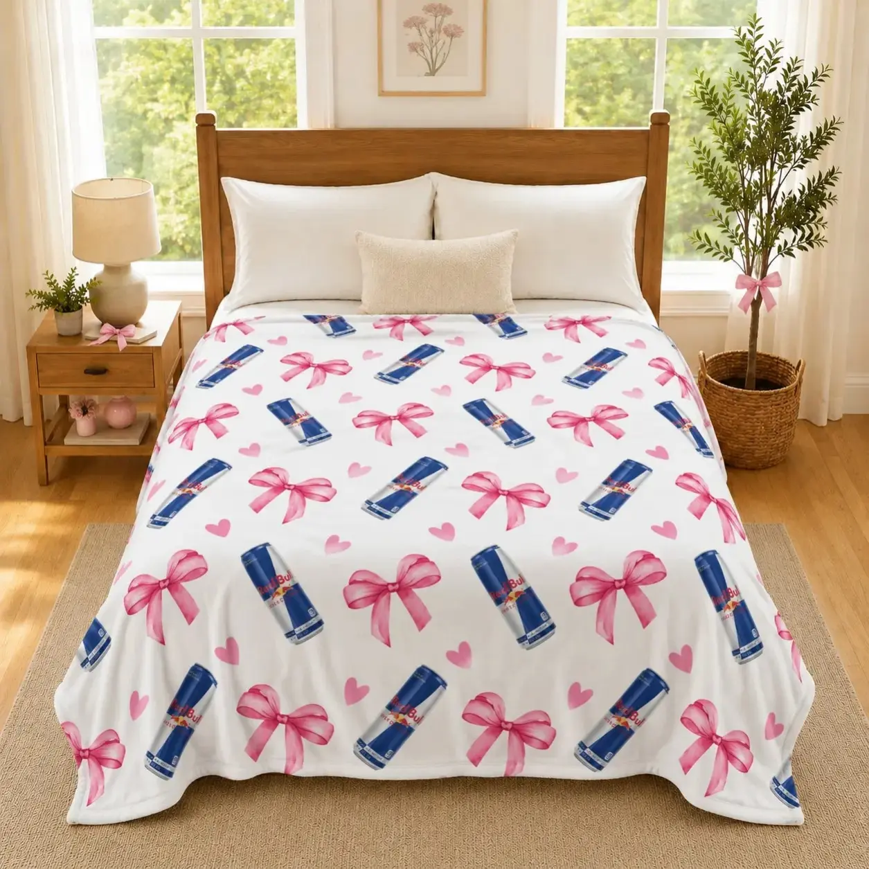 Coquette Red Bull Can Print Throw Blanket - Pink Bow & Heart Design, Soft White Flannel, Girly Dorm Home Decor, Machine Washable, Trendy Gift for Girls