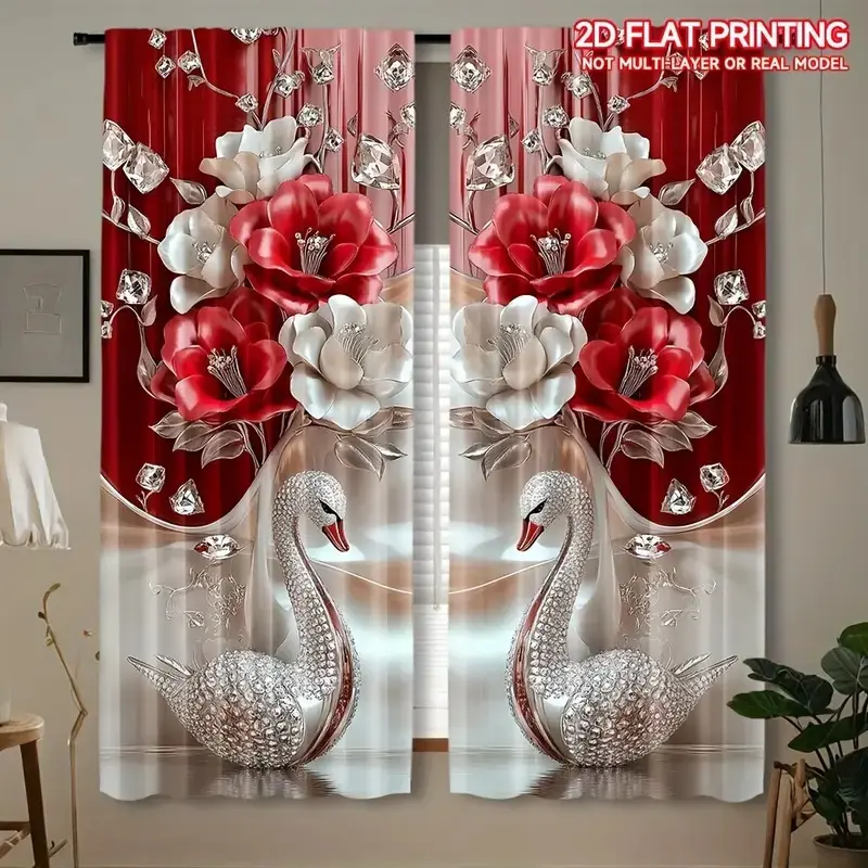 Elegant Floral Print Decorative Window Curtain Set, Window Drapes, 2 Piece Modern Rod Pocket Design, Rod Pocket Style, Suitable for Living Room and Bedroom Decor, Durable Polyester Material