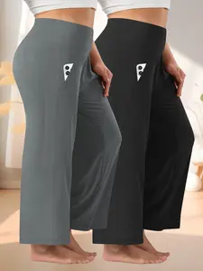 2-Pack Plus Size Women's Solid Color Sporty Activewear Long Pants, Breathable High Waist Pockets Wide Leg Yoga Pants, Summer Running Fitness Shorts