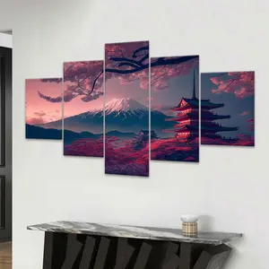 Japanese Style Natural Landscape Pattern Canvas Painting, 5 Counts/set Cherry Blossom Tree & Temple Pattern Wall Art, Wall Decor for Home Living Room Bedroom Office, Home Decor Products, Modern Home Decoration, Ornaments