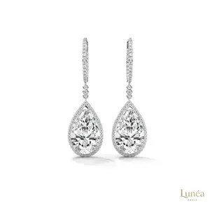 10 CT. Pear Halo Diamond Drop Earrings | Lab Grown | 14K Gold & Platinum