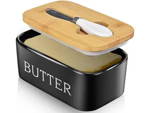 Butter Dish with Lid: Large Butter Dish for Countertop  Ceramic Butter Keeper Container with Knife  Home Decor Good Kitchen Gift Black