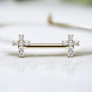 Cross Nipple Rings, Sparkle Gem Cross Nipple Piercing Barbell Jewelry, 14G Gold Nipple Jewelry