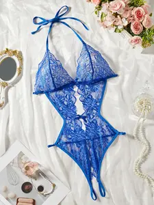 Women's Blue Lace Sexy One-Piece Pajamas, Cut-Out Backless Design, Adjustable Straps, All-Season Comfort Sleepwear