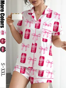 Women's Sleepwear Set,Dr Pepper, Drink & Bowknot Print, Soft Shirt Short Sleeve Blouse, Loose Elastic Shorts, Casual Home Wear, All Seasons