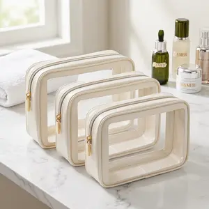 TSA Approved Ita Bag, Color-Edged Clear Toiletry Bag 3 Pack, Unique Appearance Clear Travel Makeup Bag, Large Capacity for Travel & Car Console Organizer, Beige outdoorfun