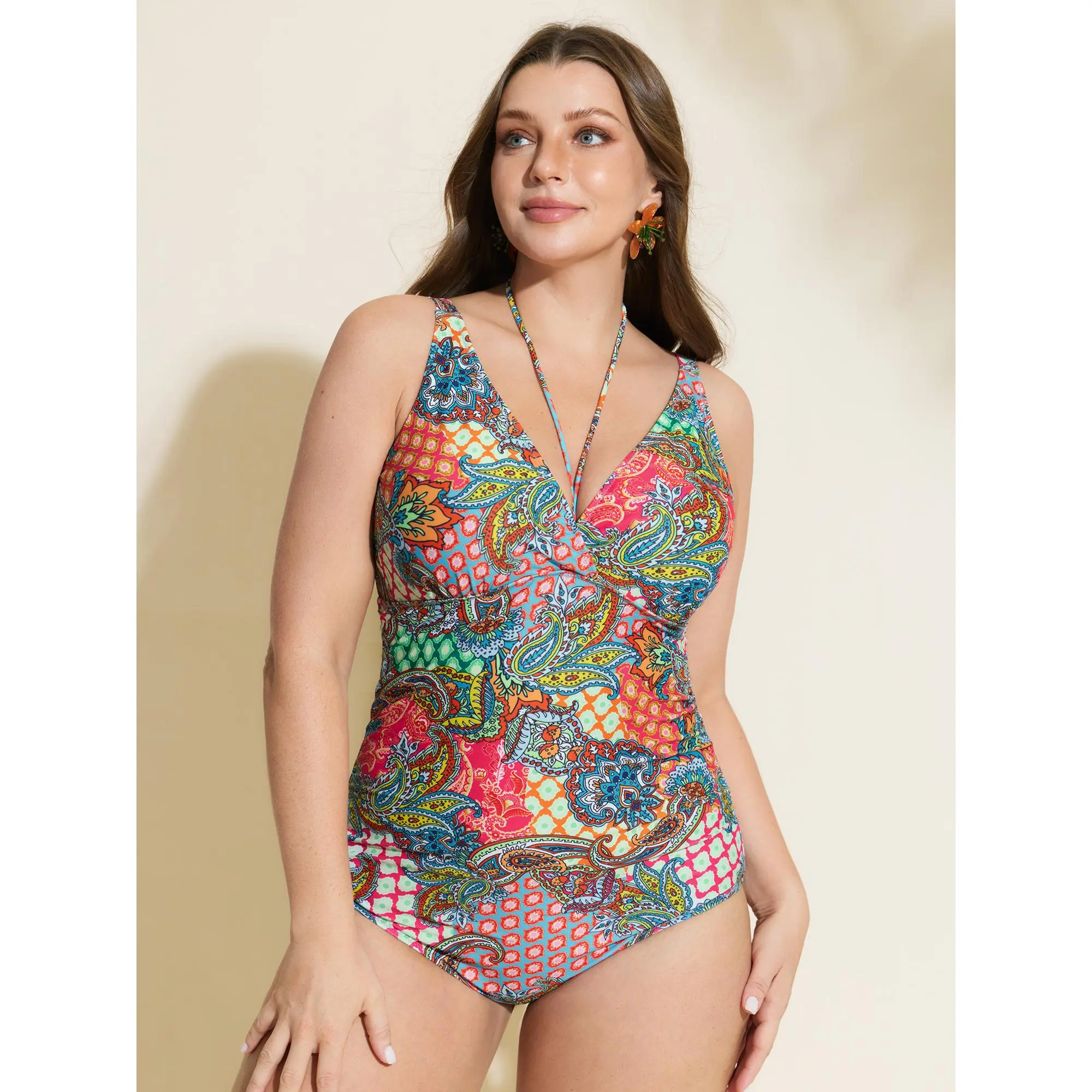 BLOOMCHIC Plus Size Paisley Print Tummy-Control One-Piece Swim [M-6X] Swim Bodysuit Stylish Swimwear,Summerfinds