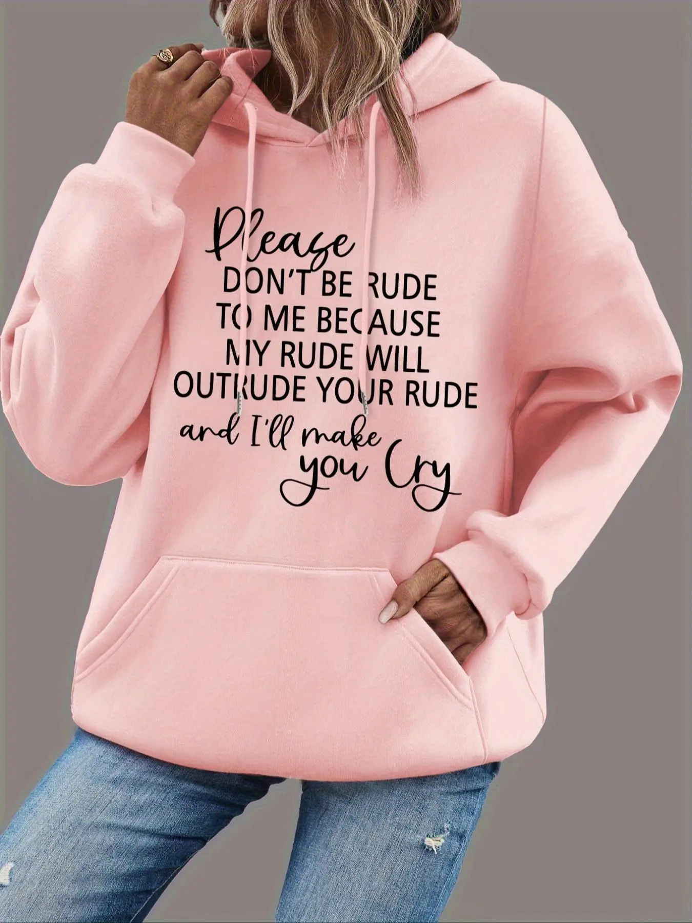 【Plus Size】 Letter Print Drop Shoulder Hoodie, Fashion Casual Drawstring Pocket Hooded Sweatshirt for Daily Holiday Outdoor Wear, Womenswear, Women Plus Clothing for Fall & Winter, Pastel Hoodie