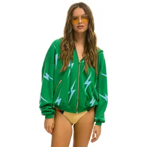 BOLT STITCH REPEAT RELAXED ZIP HOODIE WITH POCKET ZIPPERS - KELLY GREEN // BLUE
