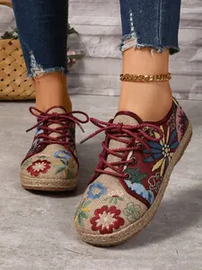 Women's Low-Top Casual Walking Shoes, Ethnic Embroidered Cloth Fisherman Boots, Lace-Up Flat Bottoms, Summer Fashion Footwear