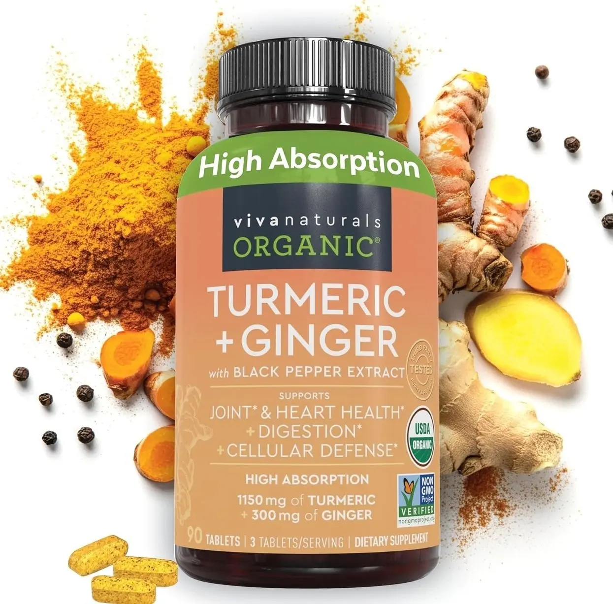 Turmeric and Ginger Supplement with Black Pepper for Better Absorption - Organic Turmeric Curcumin to Support Joint, Heart and Digestive Health, Non-GMO - 120 Tablets
