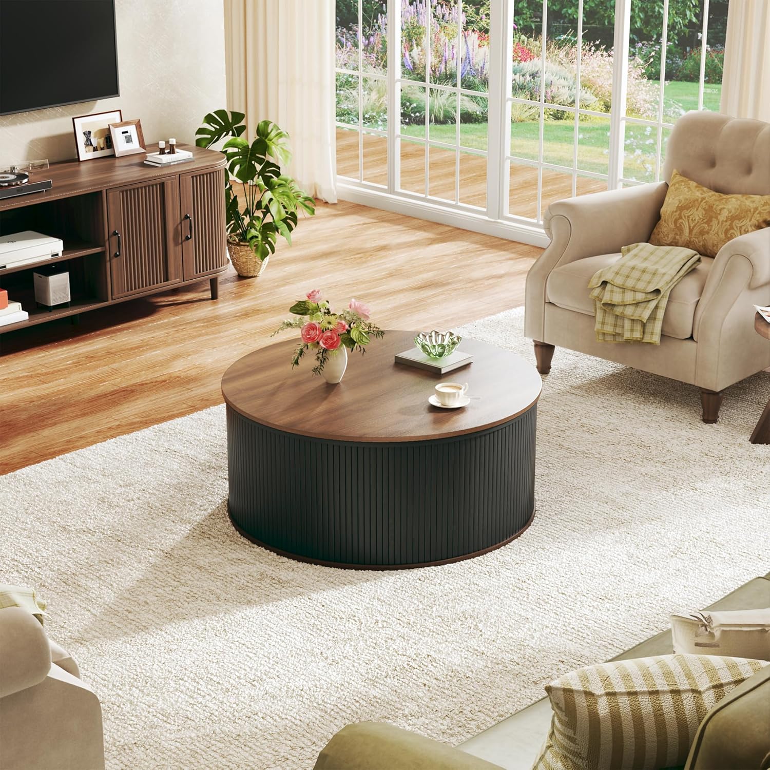 Round Coffee Table with Storage, 31.5" Lift Top Coffee Table, Mid Century Modern Coffee Tables for Living Room, Apartment Office, Fluted Table with Rustic Wood Desktop