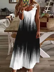 Fashionable women's lace strap printed fitted long dress