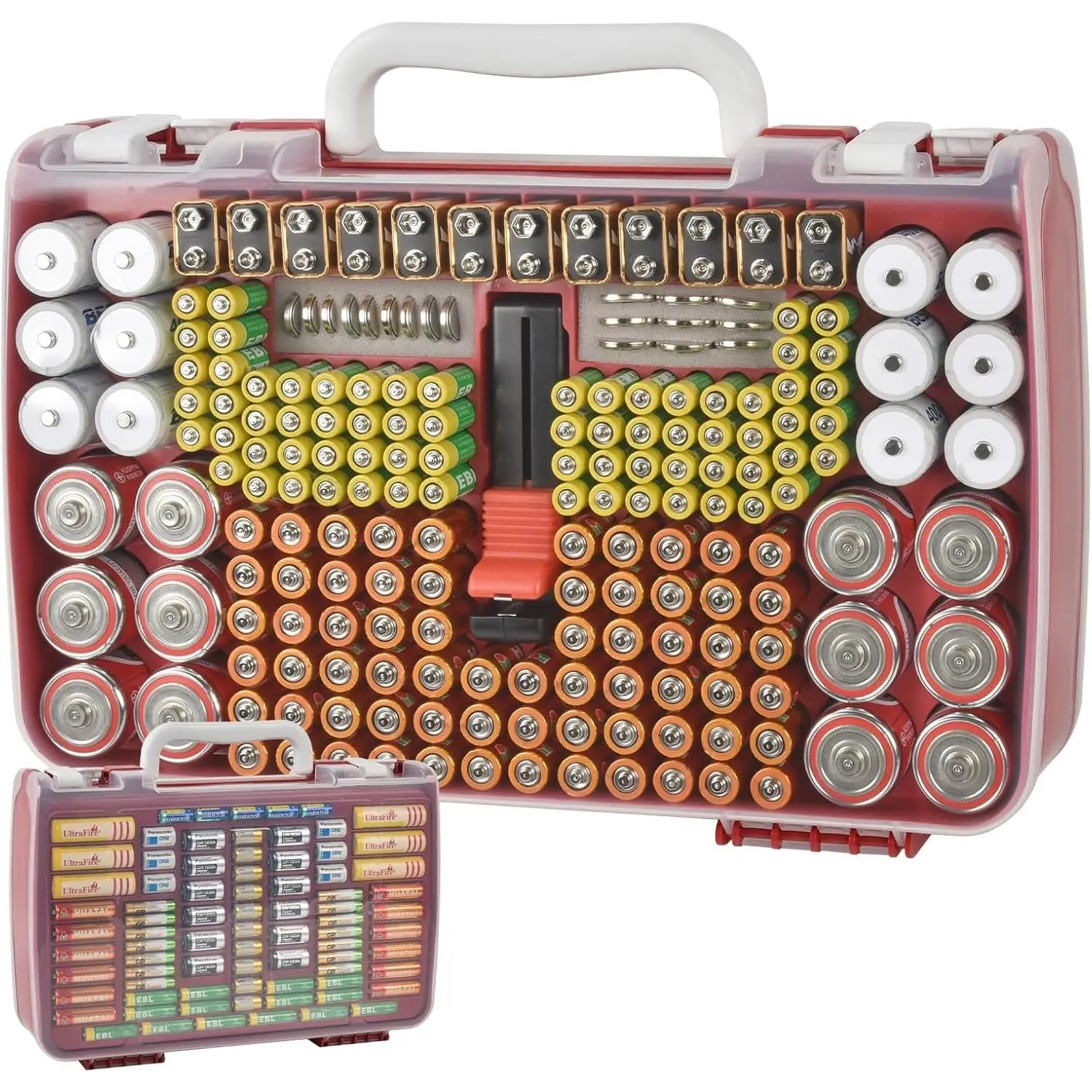 Organizer Storage Holder Case with Double-Sided, Garage Box with Tester Checker.  Container for 269 count  AAA AAAA 3A 4A 9V C D Lithium 4LR44 CR2 CR123A CR1632 CR2032 18650 -Red