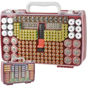Organizer Storage Holder Case with Double-Sided, Garage Box with Tester Checker.  Container for 269 count  AAA AAAA 3A 4A 9V C D Lithium 4LR44 CR2 CR123A CR1632 CR2032 18650 -Red