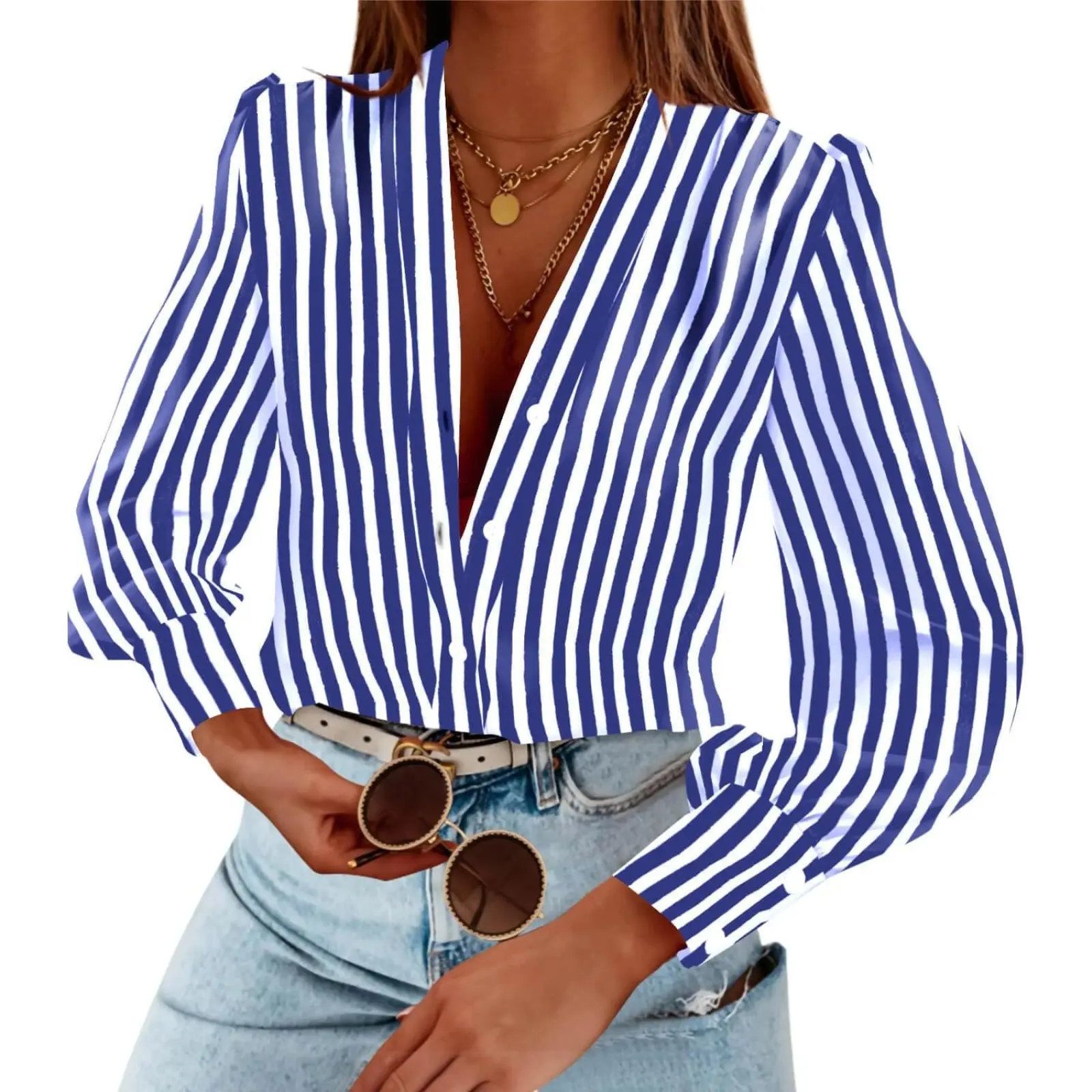 TANKANEO Women's Elegant Heart Print Satin Blouse, Business Casual V-Neck Long Sleeve Button Down Top for Office Work, Stripe, Longsleeves