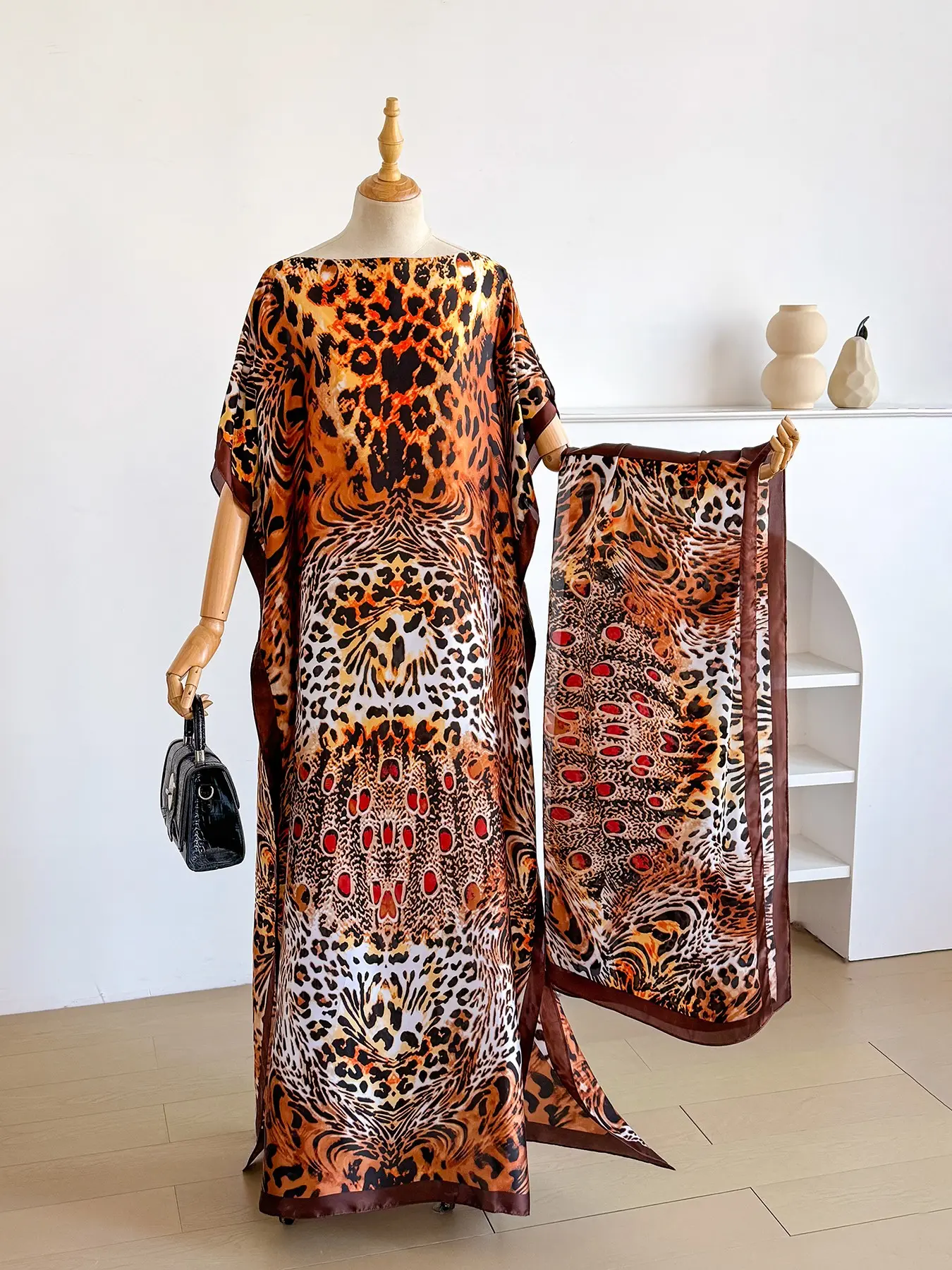 Elegant Silk Leopard Print Dress Set, Fitted Long Robe Shawl + Scarf, Women's Beach Cover Up Sun Protection Satin Wrap, All Seasons Fashion, Swimwear Coverups, Beachwear Cover Up, Swimsuit Cover Up, Summer Coverup