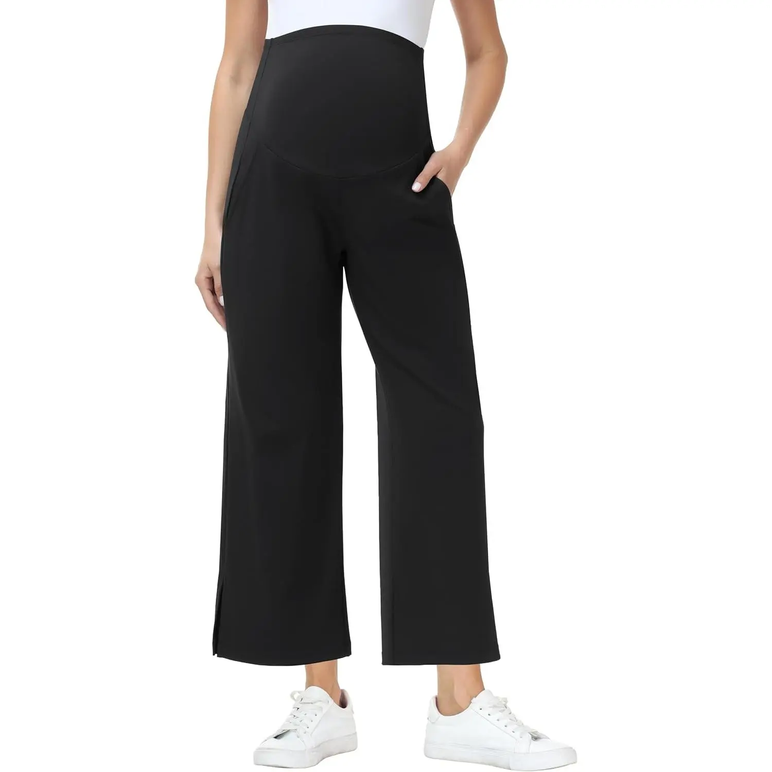 Foucome Women's Maternity Capris Wide Leg Yoga Sweatpants Loose Pregnancy Casual Lounge Work Cropped Pants