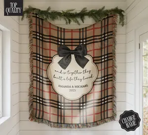 PoppyRosePrintCo Custom Plaid Couple Blanket Marriage Blanket Personalized Wedding Gift 100% Cotton Soft Durable Machine Washable Keepsake
