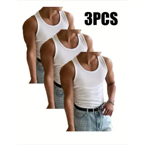 SERACAL 3pcs Men's Slim Fit Sleeveless Tank Tops - Stretchy Breathable & Comfortable for Summer Casual Wear Gym Training Solid Color Square Neckline Hand Wash Only