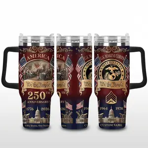 America 250th Anniversary 40oz Tumbler with Handle, 1776–2026 Patriotic Insulated Cup, USA Sestercentennial Drinkware, Custom Name Veteran Military Tribute Tumbler, Hot Cold Stainless Steel Mug, Independence Day Gift, TikTok Trend Cup