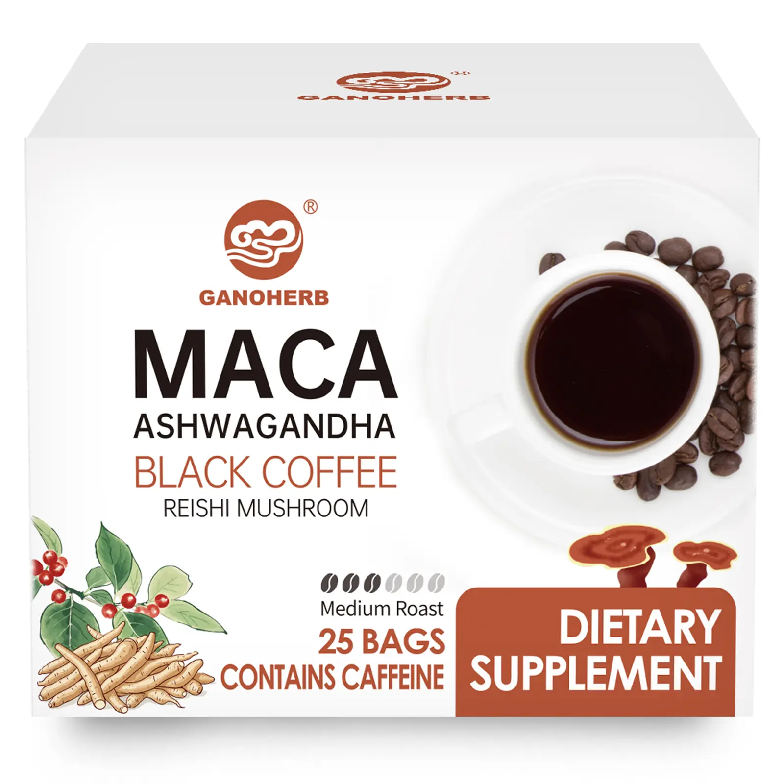 GANOHERB Maca Black Coffee — Infused with Maca root, Ashwagandha, and Reishi mushroom. Sugar-free, additive-free, and gluten-free. Boosts energy and focus while supporting immunity. Individually packaged; contains 25 sachets.