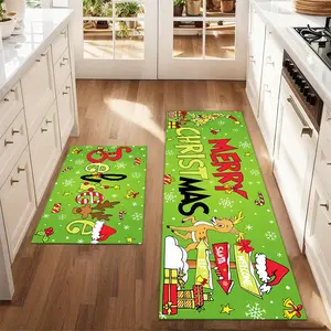 2Pcs Happy Christmas With A Green Background Floor Mat Set Farmhouse Kitchen Rug Dining Room Flooring Laundry Room Decor Carpet Mat Home Decor Rugs