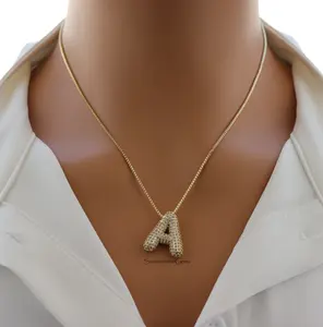 Pave Bubble Initial "A" Pendant Necklace – Trendy Custom Letter Necklace in 100% Alloy with Sparkling Rhinestones