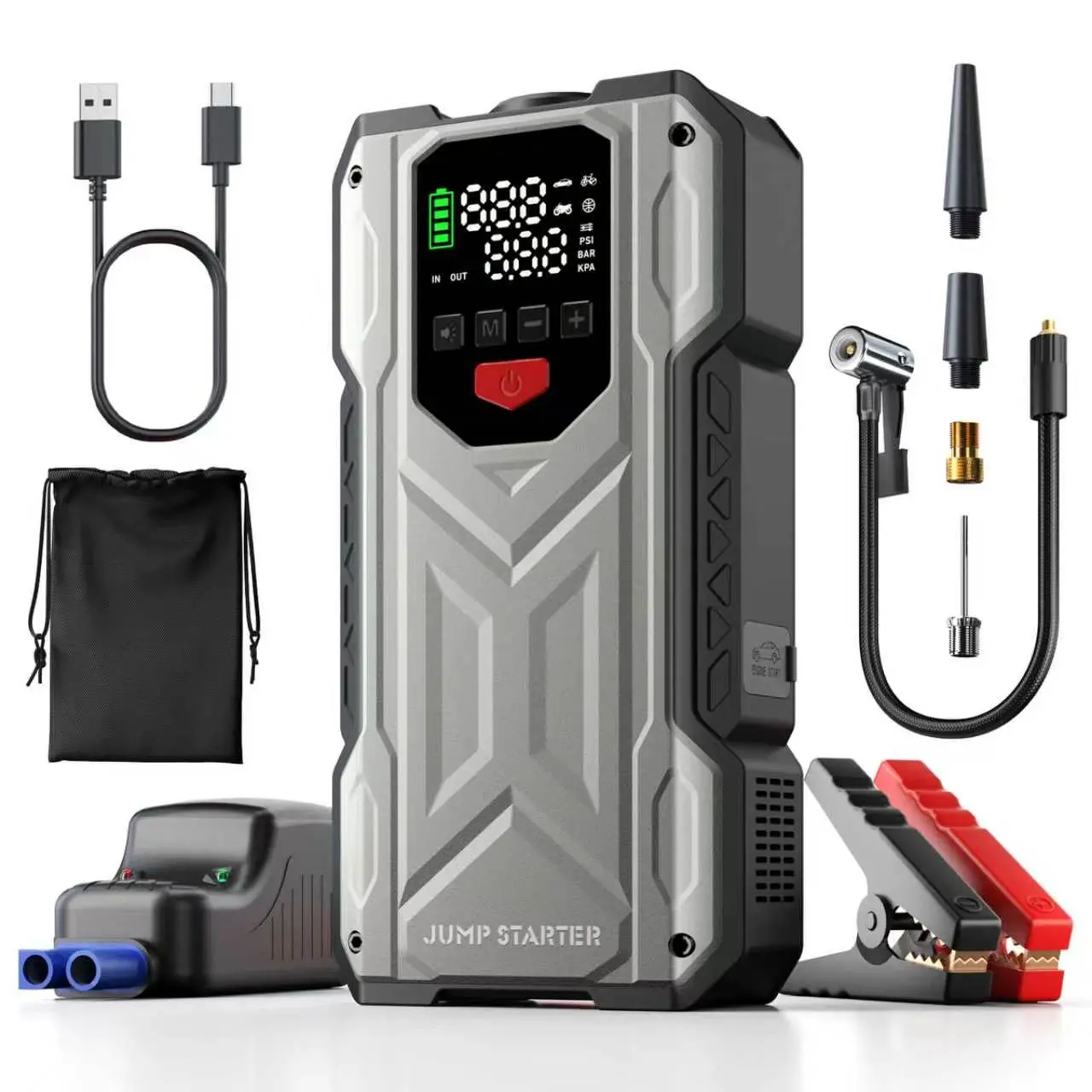 16000mAh Car Jump Starter with Built-in Air Compressor - 12V Vehicle Starter Power, Compatible with 10L Gasoline & 9L Diesel Models, Portable Multi-Functional Road Rescue Tool
