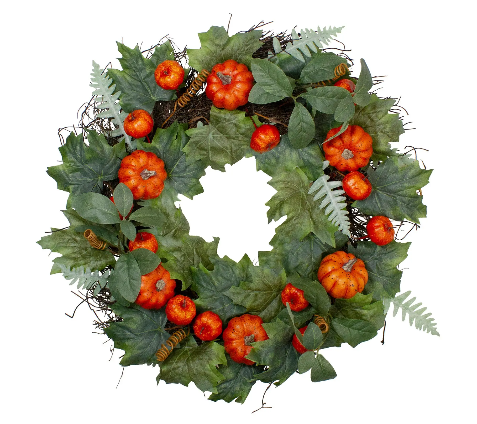 Northlight Maple and Fern Leaves with Pumpkins Wreath 24"